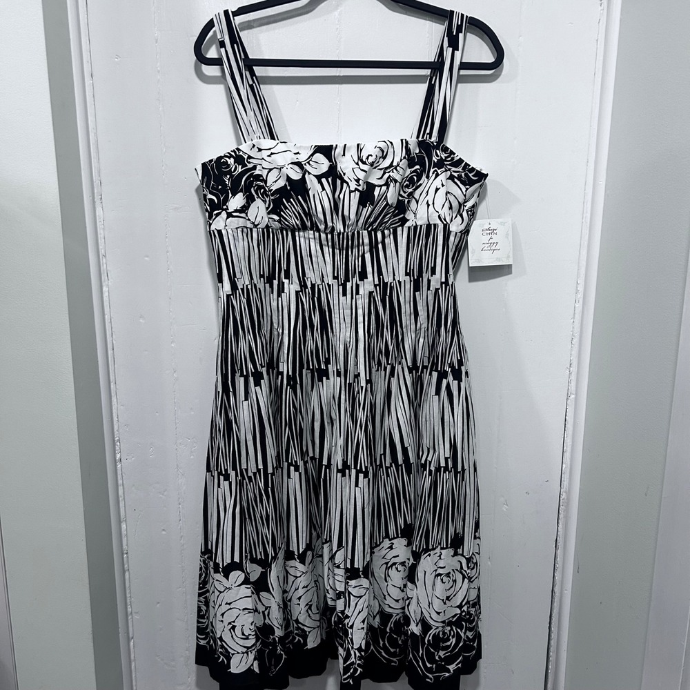 Suzi Chin Maggy Boutique Floral Stripe Fit Flare Dress Black White Size 12 NWT